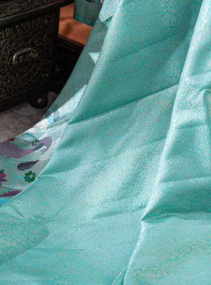 Kanchipuram Silk Teal Blue And With Silver Brocade