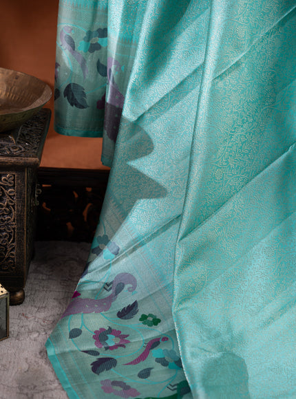 Kanchipuram Silk Teal Blue And With Silver Brocade