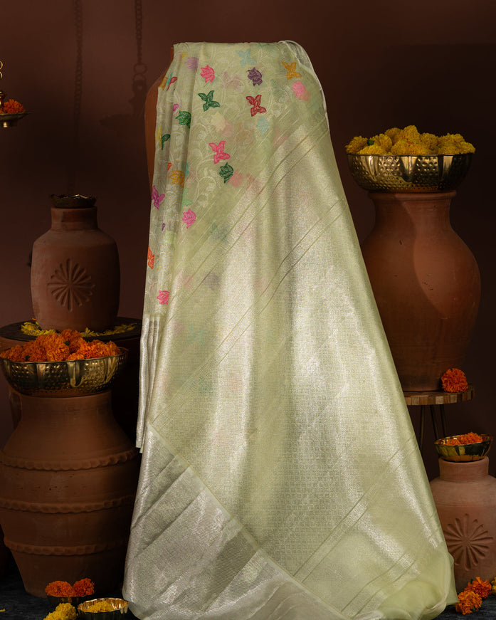 Pastel Green Kanchipuram Kora Silk With Minakari Jaal Weaves