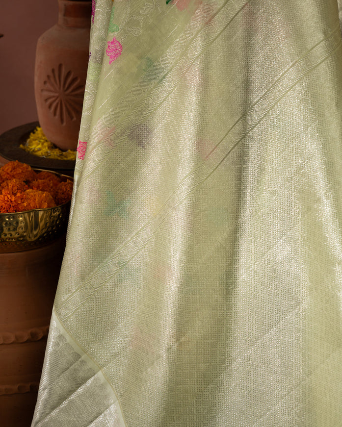 Pastel Green Kanchipuram Kora Silk With Minakari Jaal Weaves