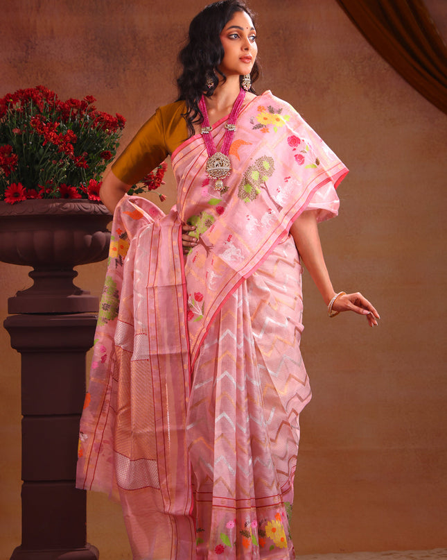 Zari Kota Baby Pink With Wavy Weaves And Skirt Type Border