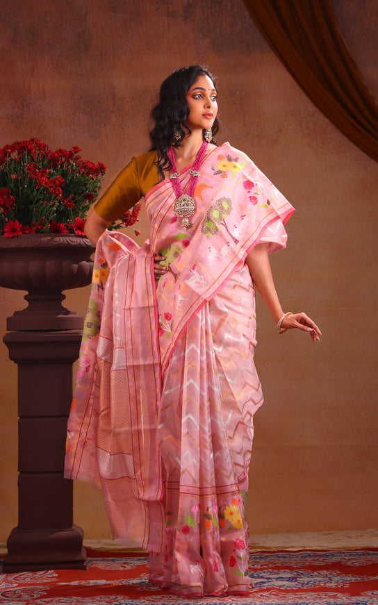 Zari Kota Baby Pink With Wavy Weaves And Skirt Type Border