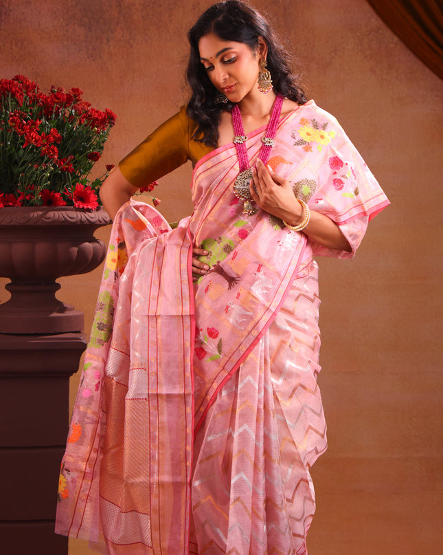 Zari Kota Baby Pink With Wavy Weaves And Skirt Type Border