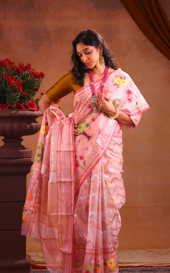 Zari Kota Baby Pink With Wavy Weaves And Skirt Type Border