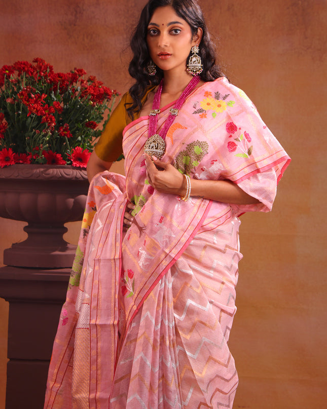 Zari Kota Baby Pink With Wavy Weaves And Skirt Type Border