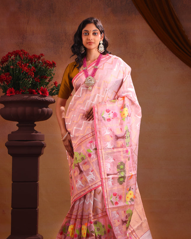 Zari Kota Baby Pink With Wavy Weaves And Skirt Type Border