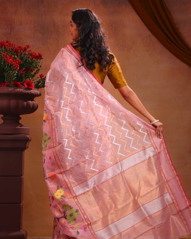 Zari Kota Baby Pink With Wavy Weaves And Skirt Type Border