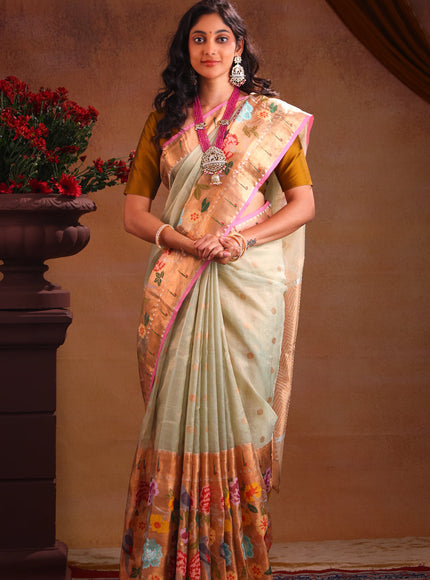 Zari Kota Pastel Green And Pink With Zari Buttas And Skirt Type Border
