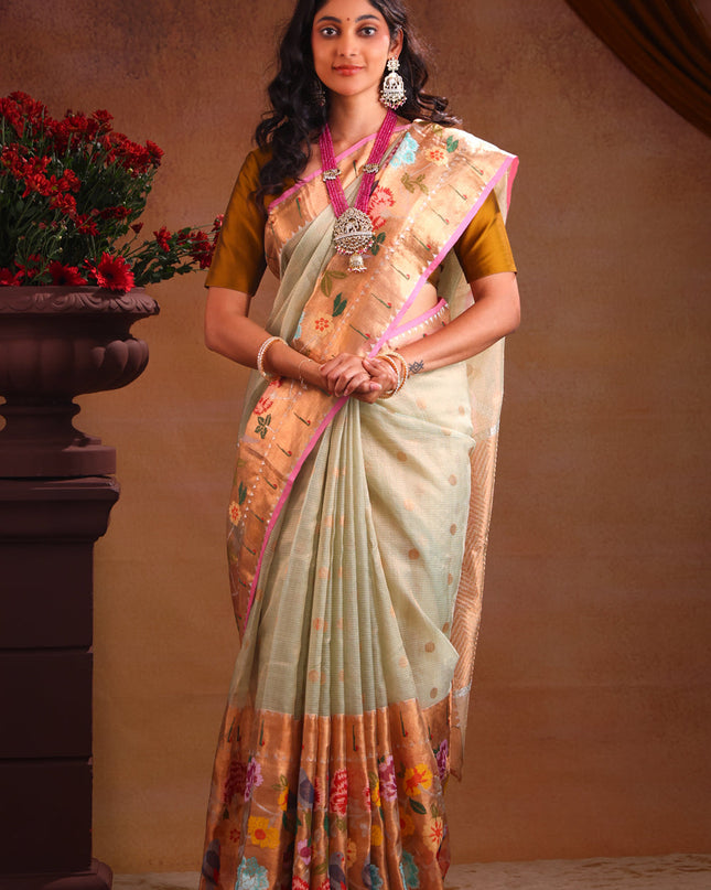 Zari Kota Pastel Green And Pink With Zari Buttas And Skirt Type Border