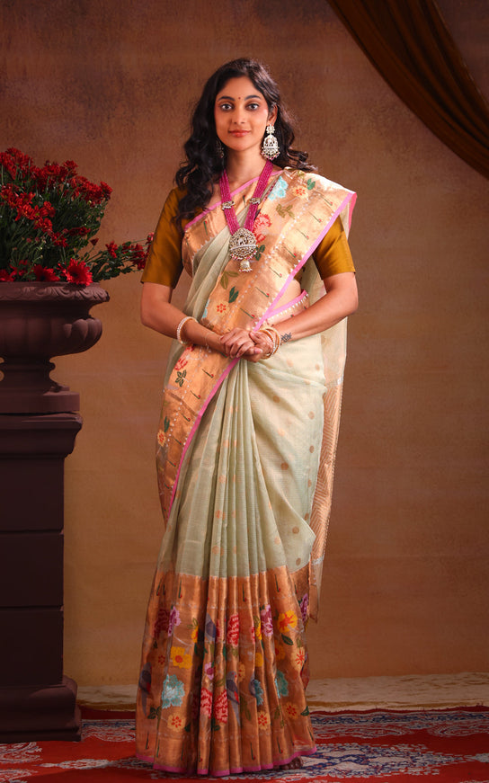 Zari Kota Pastel Green And Pink With Zari Buttas And Skirt Type Border