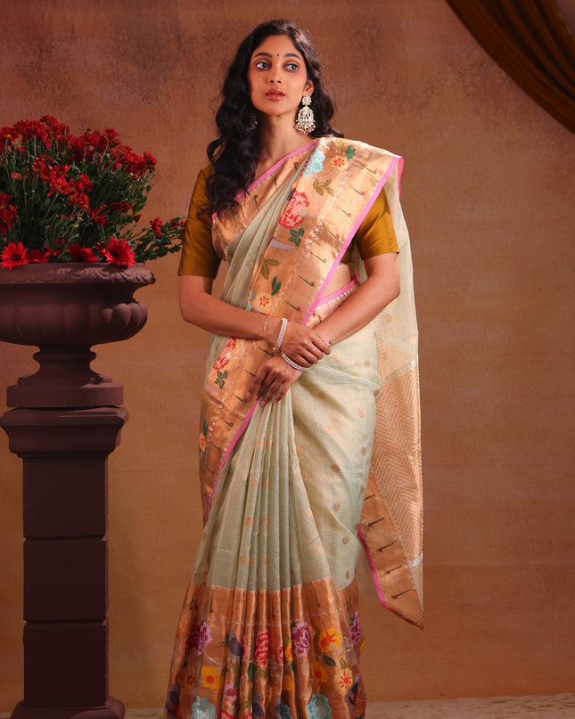 Zari Kota Pastel Green And Pink With Zari Buttas And Skirt Type Border