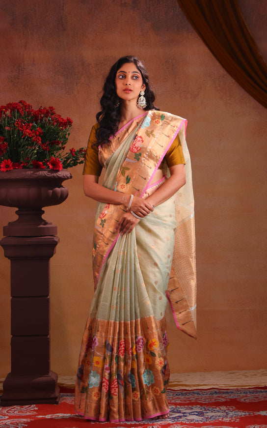 Zari Kota Pastel Green And Pink With Zari Buttas And Skirt Type Border