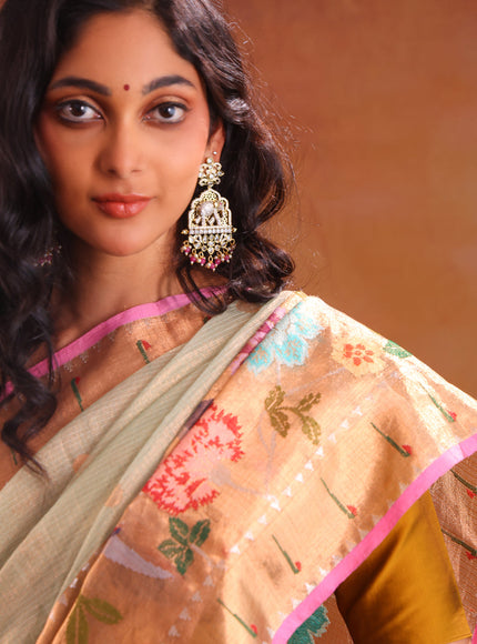 Zari Kota Pastel Green And Pink With Zari Buttas And Skirt Type Border