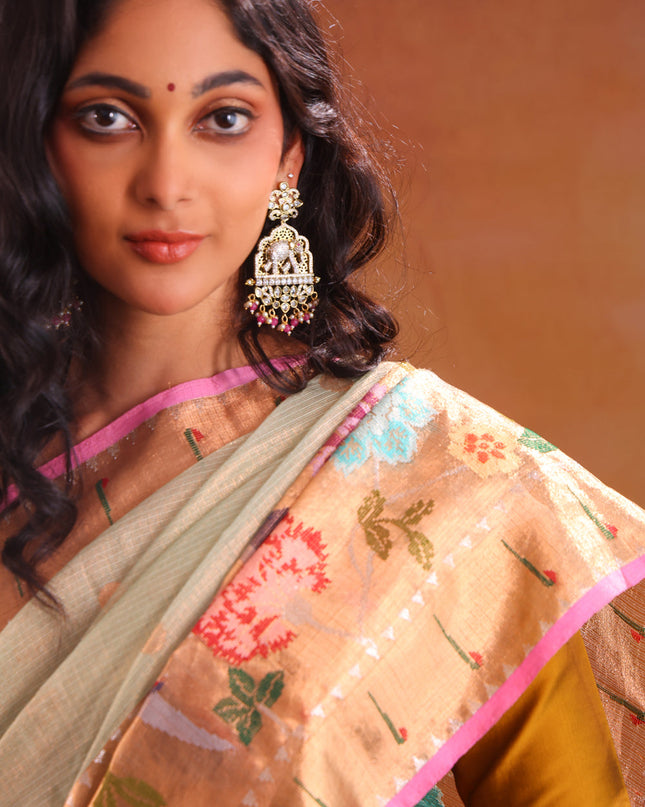 Zari Kota Pastel Green And Pink With Zari Buttas And Skirt Type Border