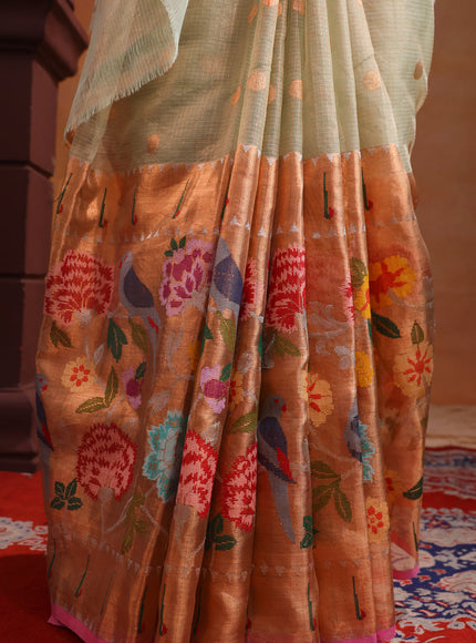Zari Kota Pastel Green And Pink With Zari Buttas And Skirt Type Border