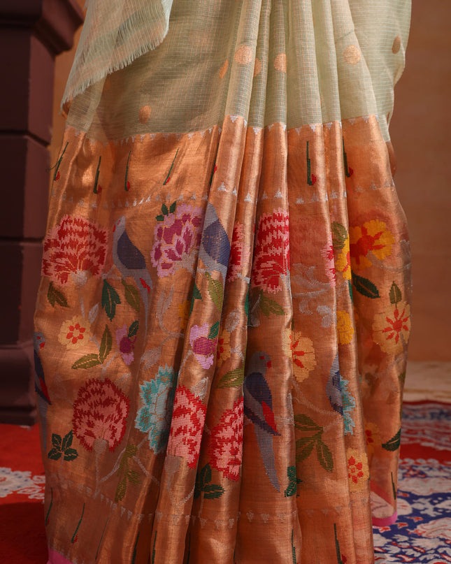 Zari Kota Pastel Green And Pink With Zari Buttas And Skirt Type Border