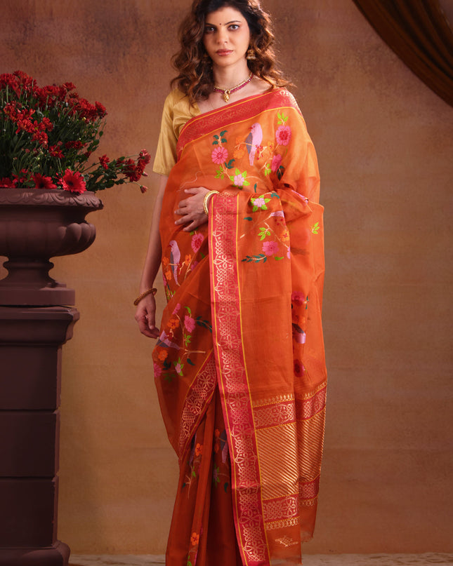 Zari Kota Rustic Orange And Red With Jamdhani Weaves