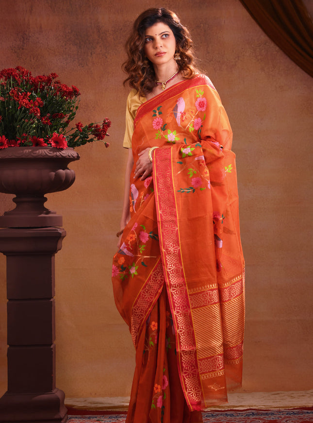 Zari Kota Rustic Orange And Red With Jamdhani Weaves
