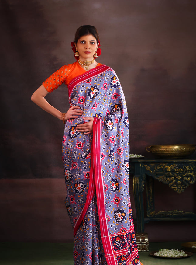 Patan Patola Grey And Pink Silk Saree