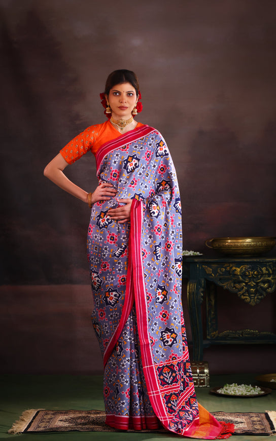 Patan Patola Grey And Pink Silk Saree