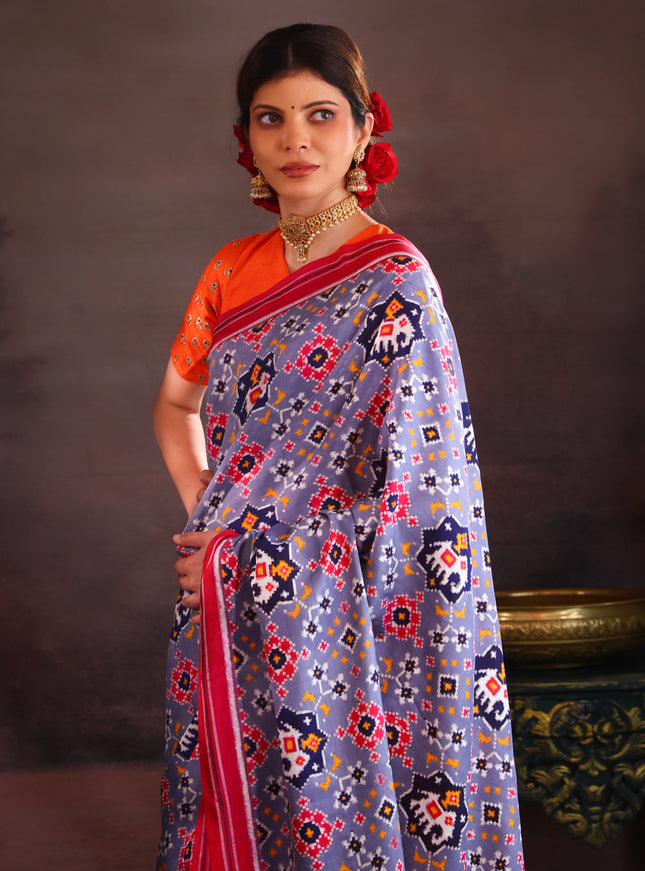 Patan Patola Grey And Pink Silk Saree