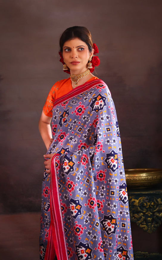 Patan Patola Grey And Pink Silk Saree