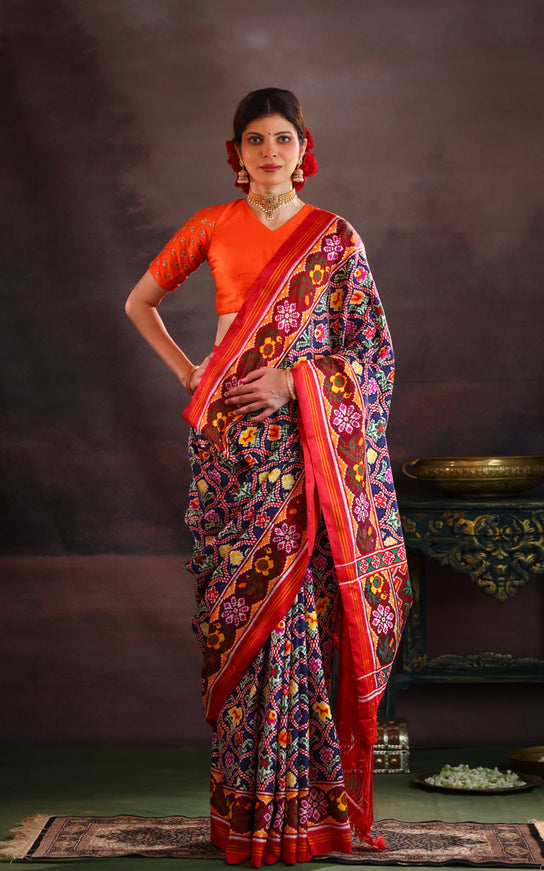 Patan Patola Navy Blue And Maroon Silk Saree