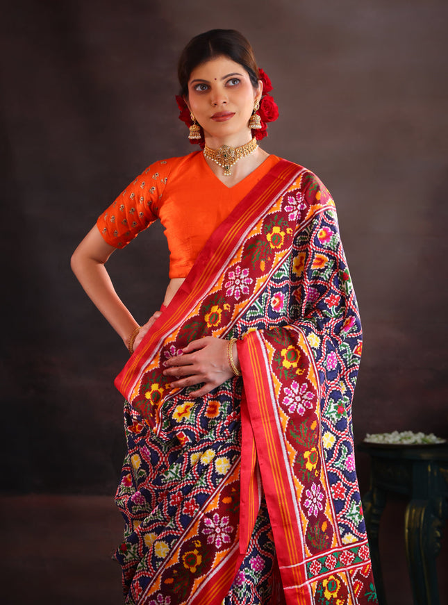 Patan Patola Navy Blue And Maroon Silk Saree