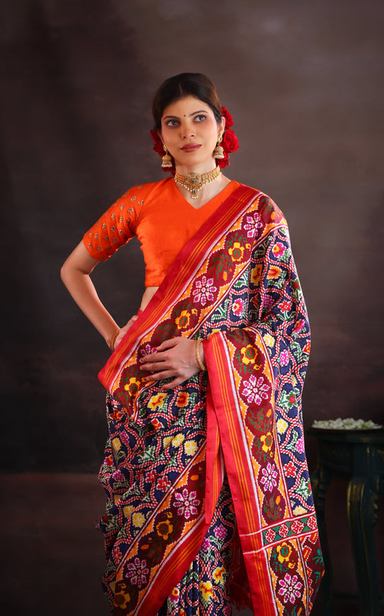 Patan Patola Navy Blue And Maroon Silk Saree