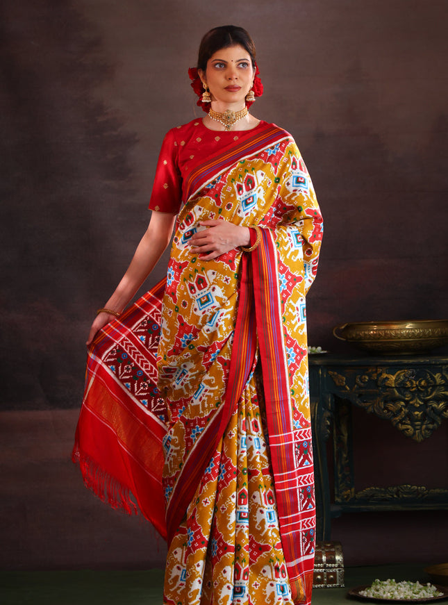 Patan Patola Mustard Shade And Red Silk Saree