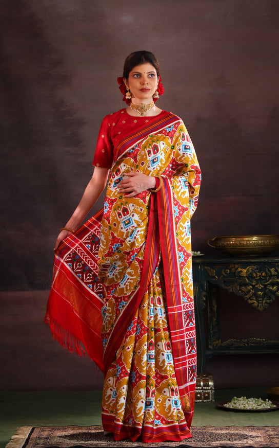 Patan Patola Mustard Shade And Red Silk Saree