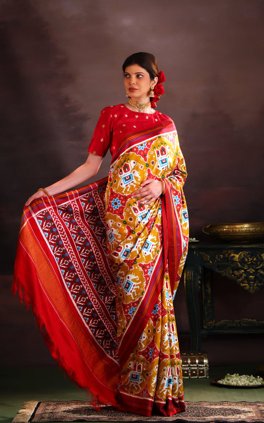 Patan Patola Mustard Shade And Red Silk Saree