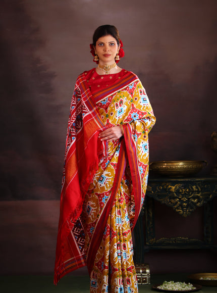 Patan Patola Mustard Shade And Red Silk Saree