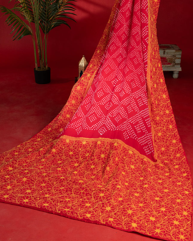Tomato Red Chiffon Silk Saree With Bandhej