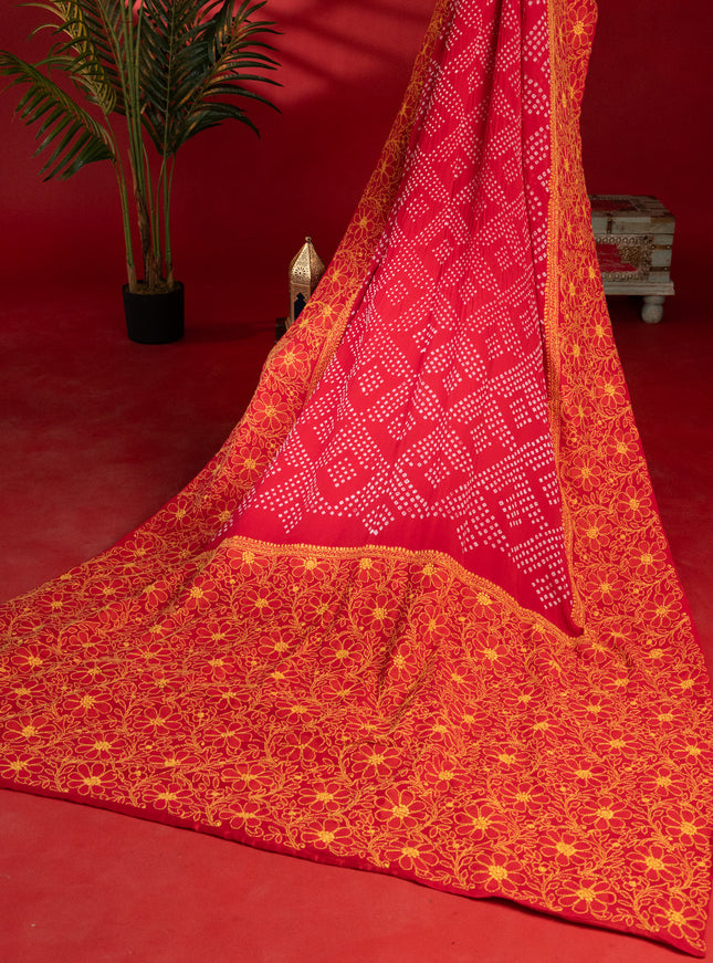 Tomato Red Chiffon Silk Saree With Bandhej