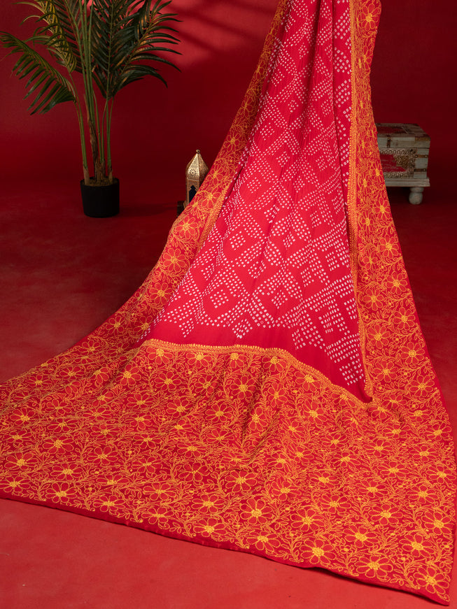 Tomato Red Chiffon Silk Saree With Bandhej