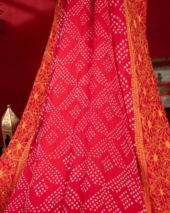 Tomato Red Chiffon Silk Saree With Bandhej