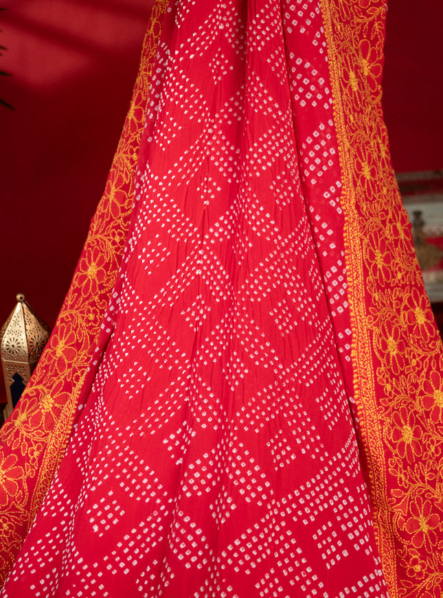Tomato Red Chiffon Silk Saree With Bandhej