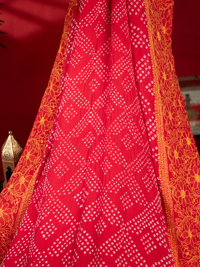 Tomato Red Chiffon Silk Saree With Bandhej
