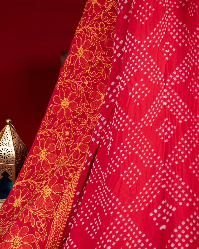 Tomato Red Chiffon Silk Saree With Bandhej