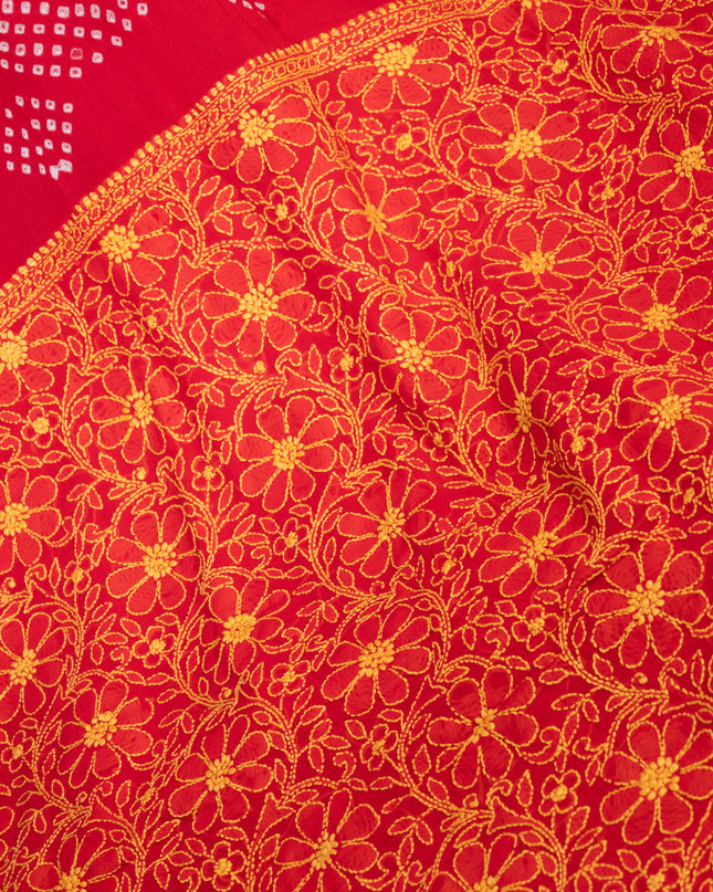 Tomato Red Chiffon Silk Saree With Bandhej