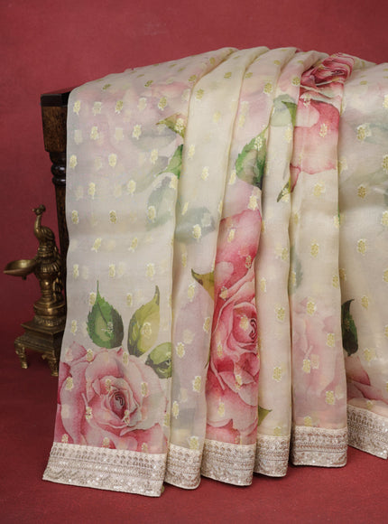 Cream Organza With Zari Weave Embroidery Patch Border