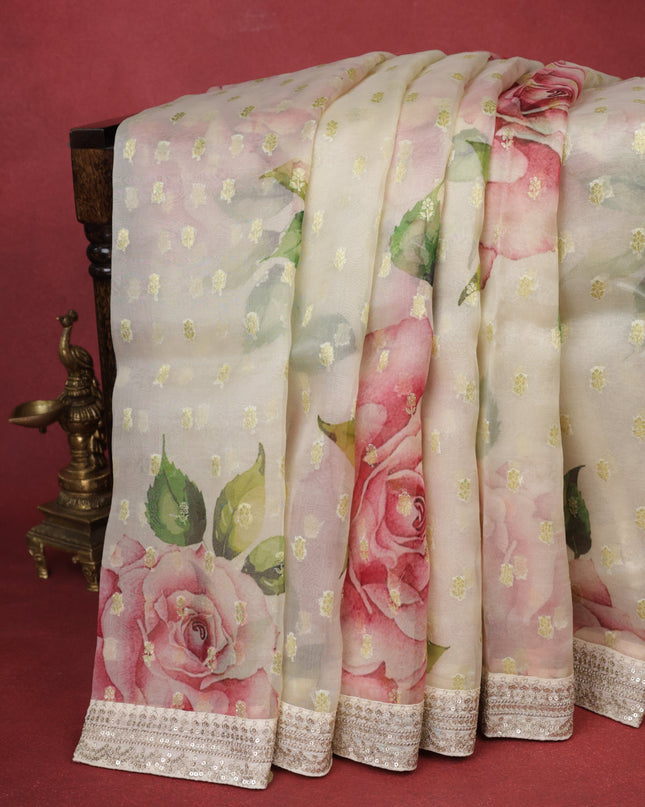 Cream Organza With Zari Weave Embroidery Patch Border