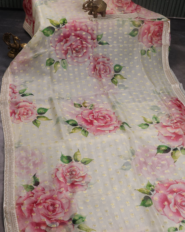 Cream Organza With Zari Weave Embroidery Patch Border