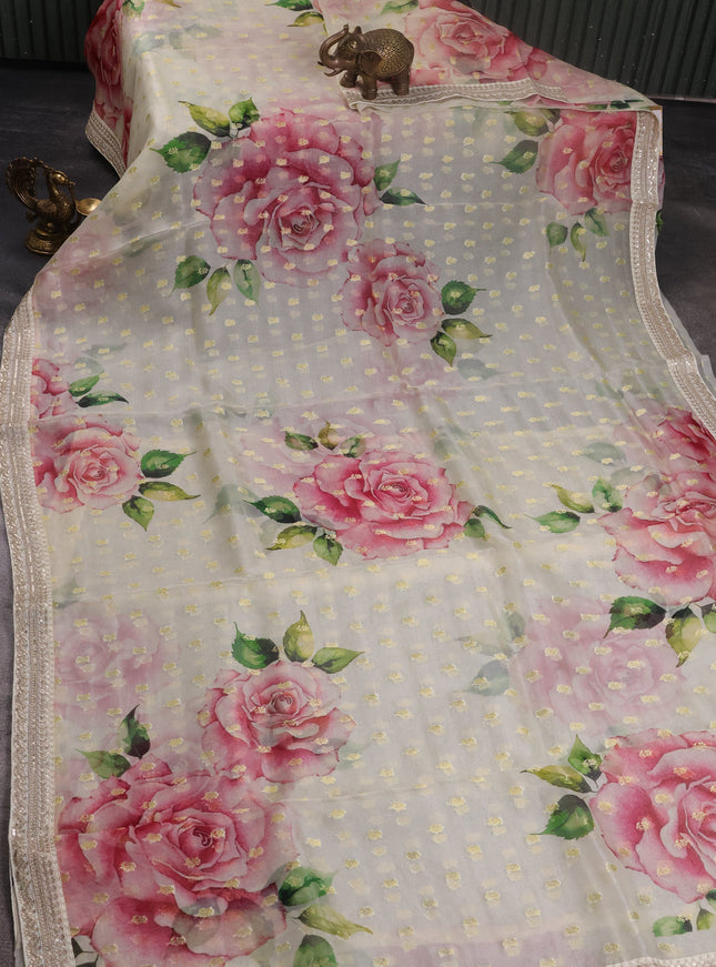 Cream Organza With Zari Weave Embroidery Patch Border