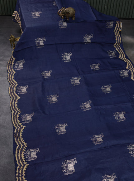 Blue Pure Tussar Silk Saree With Allover Kutch Embroidery & Pita Work