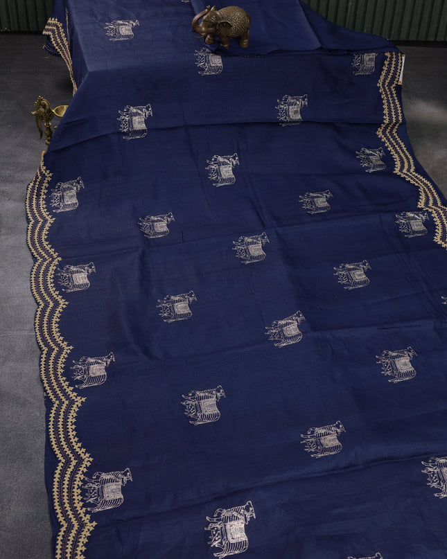 Blue Pure Tussar Silk Saree With Allover Kutch Embroidery & Pita Work