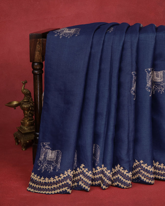 Blue Pure Tussar Silk Saree With Allover Kutch Embroidery & Pita Work