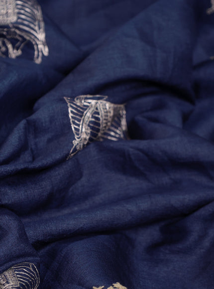 Blue Pure Tussar Silk Saree With Allover Kutch Embroidery & Pita Work