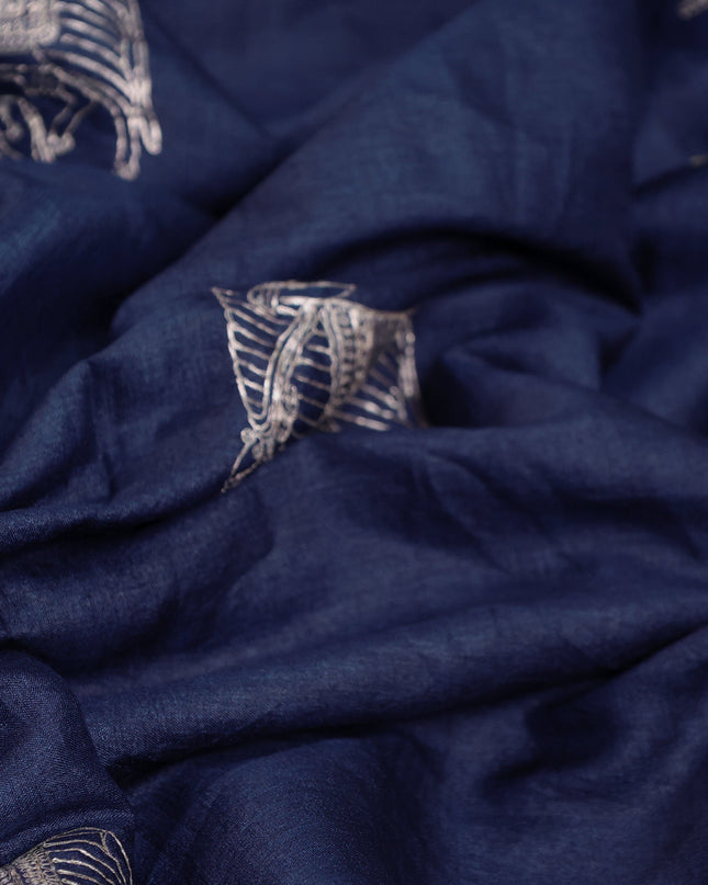 Blue Pure Tussar Silk Saree With Allover Kutch Embroidery & Pita Work
